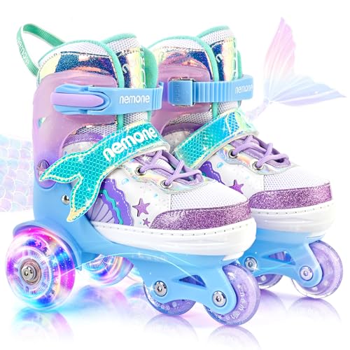 NEMONE Pequena sereia patins de rodas meninas ajustável patins 4 rodas para menino e iniciantes aniversário