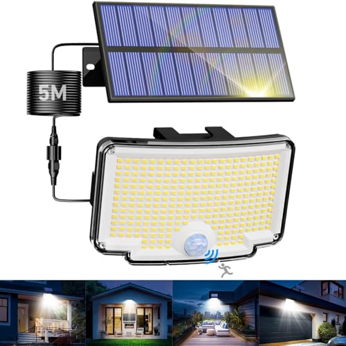 nipify Focos LED exteriores solares, luz solar com sensor de movimento, 318 LED/3 modos, impermeável potente candeeiro solar luzes solares LED exterior jardim para garagens, caminhos, branco frio, 1