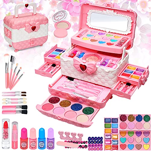 Kit de maquilhagem para crianças - 57 peças lavável de maquilhagem para meninas, conjunto de maquilhagem e não tóxico, presente de princesa para meninas, aniversário para meninas com mais de 4 5 6 7 8