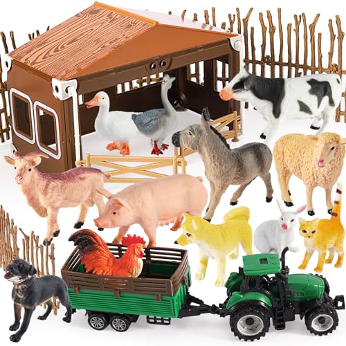 BUYGER Figuras de animais de quinta brinquedos com celeiro, cerca de montagem e camiões de transporte, brinquedos de animais realistas conjunto para menino menina