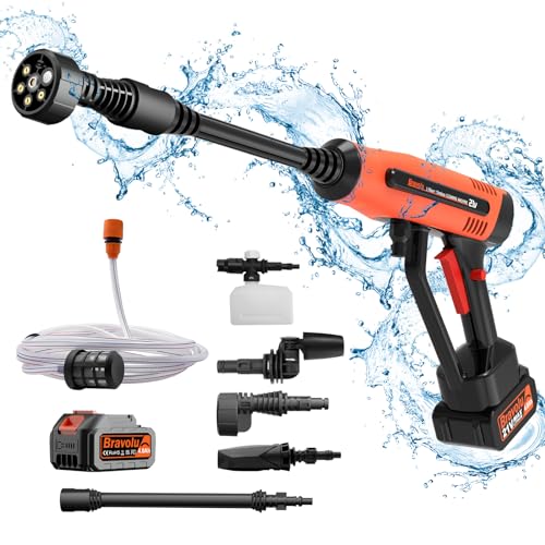 Hidro-limpeza a bateria, Bravolu MAX 500 PSI Hidro-limpeza portátil de alta pressão, máquinas de lavar com bateria de 4,0 Ah e multifunções 6 em 1, ideal para carros, barcos e jardins