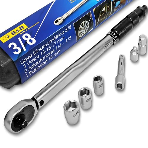S&R Chave dinamométrica 3/8 (19-110 Nm) adaptadores 1/2 e 1/4. Conjunto chave de torção com porcas (13,15,17 mm) e extensão de 7,5 cm. Chave rodas carro em aço CR-V ultra resistente