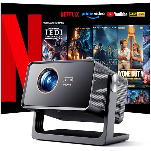WOLFANG Projetor portátil de 28000 lúmenes 【Netflix oficial e autofocus/chave: mini projetor 4K com Bluetooth 5.2 e WiFi 6, projetor inteligente com suporte de 180° para ecrã de 300"