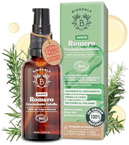 BIONOBLE Óleo de alecrim para o cabelo orgânico, estimula o crescimento e reduz a queda, óleo essencial de alecrim e óleo de rícino, Rosemary Oil Hair Growth, garrafa de vidro pipeta, 50 ml