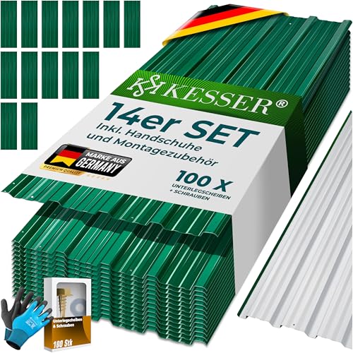 KESSER® 14 chapas perfiladas trapezoidais de 110 cm x 46 cm = 7 m², chapa de teto para galpão, placas de teto de aço galvanizado de 0,25 mm, inclui 100 parafusos, arruelas e luvas de