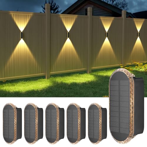 ELLASAY Aplique solar parede exterior, lâmpadas solares acima e abaixo IP65 impermeável, 3 cores brilhantes luzes solares exterior jardim sem fios para pátio cobertura cerca 6 pack