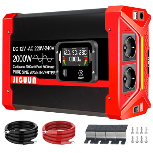 JIGUUN 2000 W Inversor 12 V 220 V conversor de onda pura com 2 entradas UE e 3 portas USB Tycp-C, controlo remoto desmontável e ecrã LCD potência máxima 6000 W
