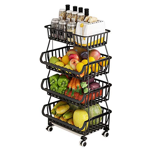 BRIAN & DANY Cestas de frutas e legumes pendurados com roda - organizador de cesta, 5 peças S-Hooks e ardósias removíveis, legumes empilhável cozinha de 4 níveis, preto