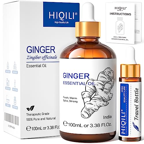 HIQILI Óleo essencial puro de gengibre, óleo puro natural premium de gengibre para massagem, difusor de garrafa grande com conta-gotas e caixa de presente - 100 ml