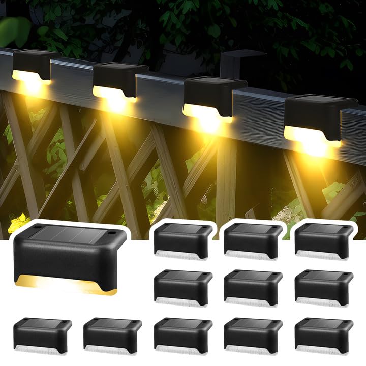 Solpex Conjunto de 12 luzes solares para exteriores, luz branca quente, impermeável, iluminação LED para escadas exteriores, degraus, cercas, pátio, pátio, , caminho, decoração (preto)