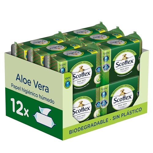 Scottex Papel higiénico húmido com aloé vera e prébióticos, biodegradável e sem plástico, caixa de 12 pacotes de 66 serviços, total 792 toalhas húmidas descartáveis por WC