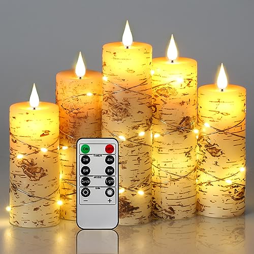 Da by Vela LED pintada à mão vela de bateria com casca de bétula aberta, conjunto de 5 velas, corda de fio de cobre cercada, chama dançante por LED, com controlo remoto de 10 botões.