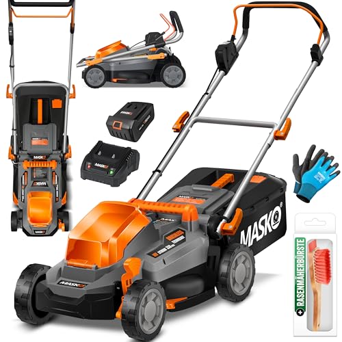MASKO® Corta-relvas com função de cobertura morta, inclui bateria de iões de lítio de 4 anos e carregador duplo, largura de corte de 33 cm, 5 posições de 25 a 75 mm, altura regulável, 30 l até 150 m²