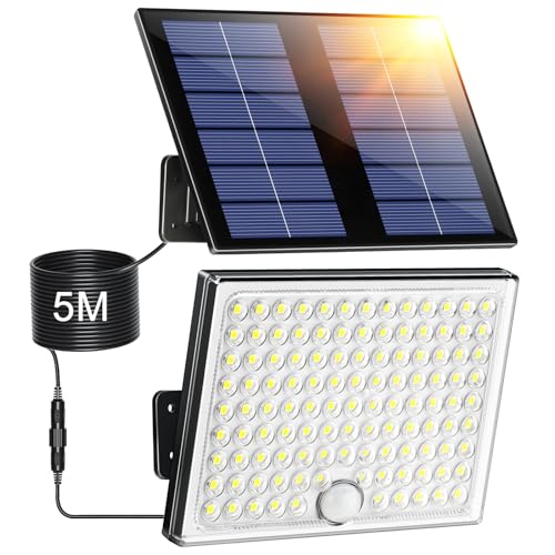 Giliwosy Focos LED exteriores solares, luz solar exterior com sensor de movimento com bateria recarregável de 2000 mAh, 4 modos, IP65 impermeável, cabo de 5 m, luzes LED para jardim, 1 peça
