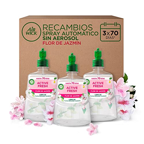 Air Wick Active Fresh Spray automático sem aerossol, ambiente doméstico com aroma de flor de jasmim, conjunto de 3 peças (228 ml x 3)