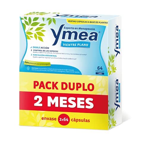 Ymea Menopausa Barriga plana, sufocos e inchaço, tratamento de 2 meses, conjunto duplo de 2 x 64 cápsulas