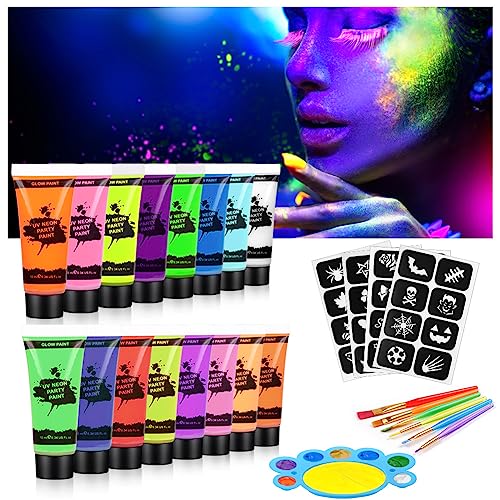 AOOWU Tinta fluorescente no escuro, 16 cores pintura facial crianças hipoalergénica com 6 pincéis e paleta, néon pintura facial e corporal segurança, maquilhagem para meninas Halloween festival
