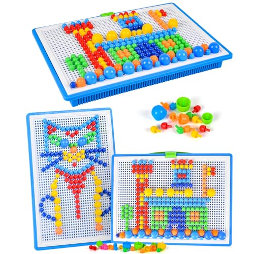 AUAUY 296 peças coloridas mosaicos infantis, placa de unhas de cogumelos jogos infantis, psicomotricidade infantil brinquedos educativos 3 anos para presente de festa de aniversário e Natal