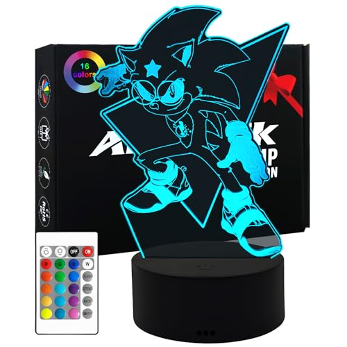 AIRUEEK Sonic brinquedo, candeeiro de mesa de anime com controlo remoto de sincronização e 16 mudanças de cor, luz noturna 3D brinquedos Sonic crianças, homens