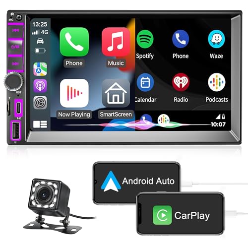 DYWSWINN Rádio de carro 2 DIN com Apple CarPlay & Android Auto, 7 polegadas HD ecrã tátil RDS FM/Am Vehicle Rádio com carregamento de telefone tipo C, Bluetooth, Mirror Link, SWC, câmara traseira