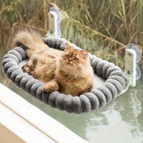 EDAGNY Rede de janela de gato suave, dobrável para cama de gato com janela com cama para gatos removível e reversível - cama para gatos com moldura de aço espessado, resistente até 18 kg, cinzento M