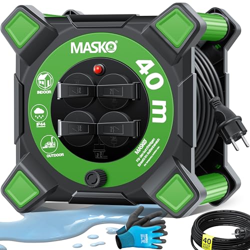 Masko® Carretel de extensão de cabo (40 m, com tomadas de proteção de contacto e alça de rolo, proteção térmica, IP44, 1000 W ~ 3000 W, inclui alça e luvas de montagem)