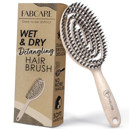 FABCARE Escova de cerdas javalí, desembaraçante sem puxões, pente anti-puxões, cabelo liso e encaracolado, alisador anti-quebra profissional, ideal para cuidados empilhar e estilo natural (bege)