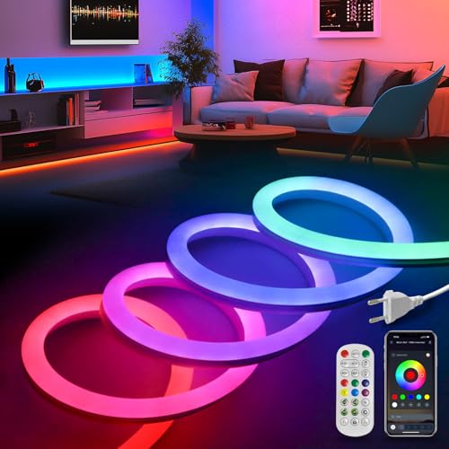 KSIBNW LED Neon Strip 10 m, RGBIC Tira de LED controlo com App e controlo remoto impermeável IP65 flexível néon luzes LED quarto sincronização música Strip Light para decoração de Natal, festas