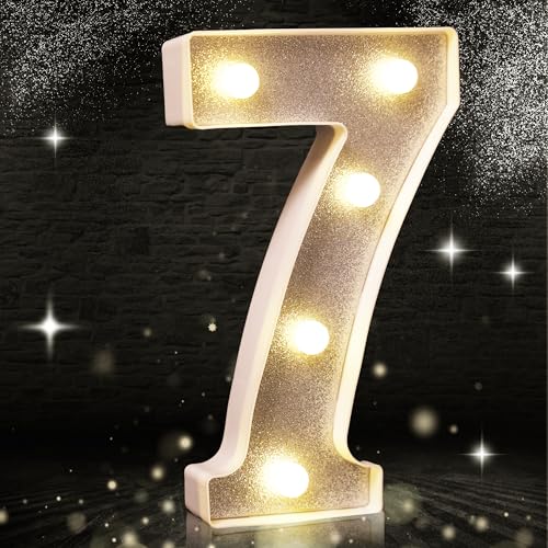 Número 7 - Luz LED prateada com purpurina, luzes com números roxos, adequadas para decoração de festas de aniversário, chá de bebé, fundo de casamento, decoração de casa, 20,3 cm, número 7