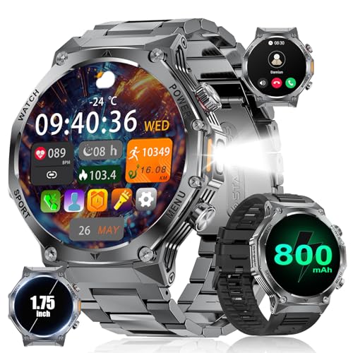 LIGE Relógio inteligente homem, 1,75" Smartwatch com 800 mAh/mais de 30 dias em espera / LED lanterna, chamadas Bluetooth, IP68, 114 modos desportivos Smart Watch para Android iOS