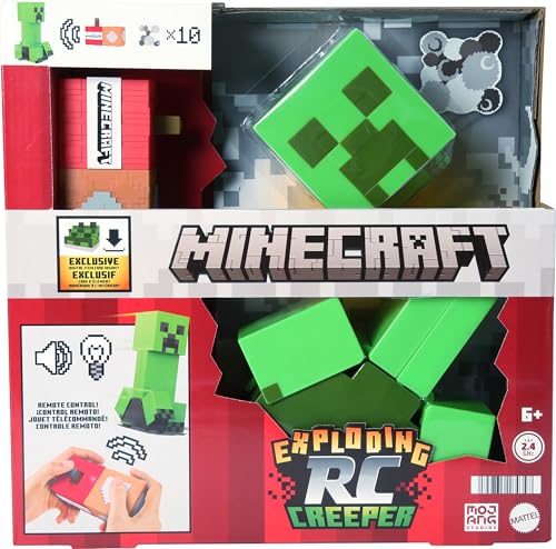 Mattel Minecraft Creeper explosivo, figura de ação de controlo remoto com luzes e sons e 10 peças de explosão lançadas pelo ar, presente de brinquedo para meninos e meninas + 6 anos, HRR48