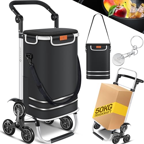 KESSER® Carrinho de compras - carrinho de compras com compartimento frigorífico, 56 L de capacidade, capacidade de carga até 50 kg, 3 em 1 carro e bolsa de ombro, Incl. Chip de compras, dobrável,