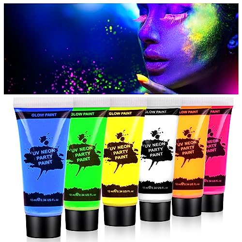 AOOWU Tinta fluorescente no escuro, 6 cores pintura facial crianças hipoalergénica, néon pintura facial e corporal segurança, maquilhagem para meninas Halloween festival