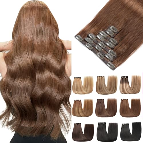 EINbeauty Clipe de extensões de cabelo natural, 7 unidades extensões naturais de clipe de cabelo castanho chocolate Human Hair extensão 80 g 35 cm (14 polegadas, 4#)