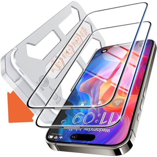 Tentoki Protetor de ecrã para iPhone 15 Pro Max, alinhamento automático para instalação rápida, [2 peças] vidro temperado, [dureza 9H ][alta definição]