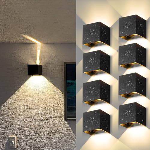 YICALE 8 peças aplique parede exterior/interior, 12 W 3000 K luz quente lâmpada exterior parede impermeável IP65 ângulo ajustável apliques exterior preto para quarto, varanda, jardim, pátio, varanda