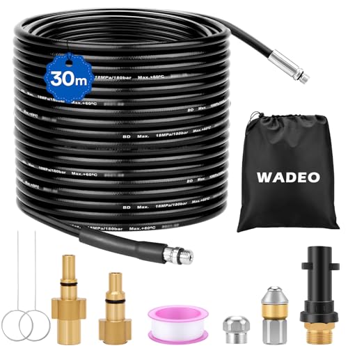 30 m Kit de mangueira para limpar canos, WADEO mangueira de limpeza de alta pressão 200 bar 60 °C, conjunto premium de limpa-tubos para Kärcher K-Series (K1-K7), Lavor e Bosch, com adaptador e