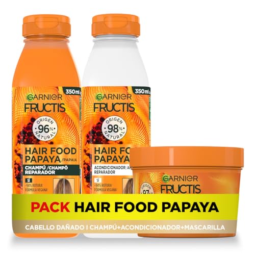 Pack Garnier Fructis Hair Food Papaia champô, condicionador e máscara, desembaraça, reparação intensiva de cabelo danificado, 98% ingredientes de origem natural, vegan, sem silicone, pack de 350 ml e