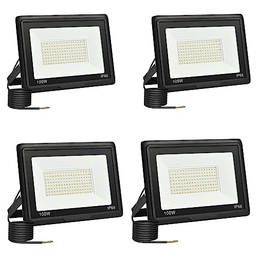 Foco LED para exterior, projetor LED de 100 W, 10000 LM holofotes LED para exteriores, 6500 K, branco frio, impermeável, IP66, projetores LED exteriores, para garagem, jardim, pátio, parque, 4 peças