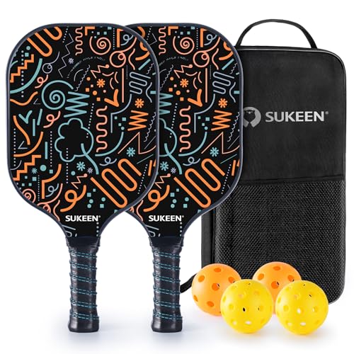 Sukeen Conjunto de 2 pás de pickleball com superfície de fibra de vidro com raquetes de pickleball, conjunto de palhetas de pickle ball para homens e mulheres