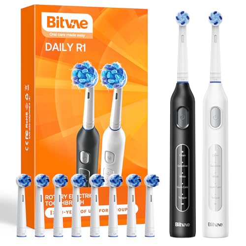 Bitvae Conjunto de escova de dentes elétrica de 2 peças para adultos e crianças, 8 cabeças, 60 dias de duração da bateria, 5 modos com temporizador inteligente de 2 minutos, preto e branco, R1
