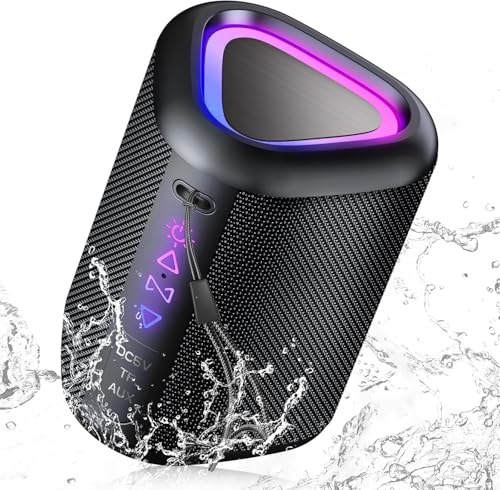 Altifalante Bluetooth portátil potente sem fios com luz LED, Bluetooth 5,4, 24 horas, graves melhorados, som estéreo de 360°, impermeável, IPX7, altifalante de exterior para viagens, desporto/festas