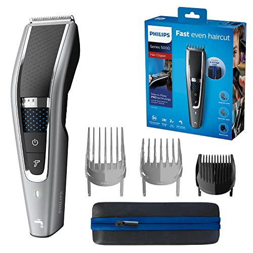 Philips Serie 5000 HC5650/15 - Cortapelos con cuchillas acero inoxidable, 28 ajustes de longitud, 90 min de uso sin cable, incluye 3 peines-guía y funda de viaje
