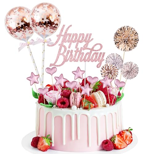 17 peças de decoração para bolos de aniversário com purpurina, Happy Birthday, cor ouro rosa