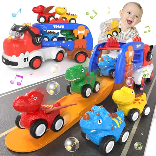 usrela Dinossauros camião de brinquedos para crianças 2 3 4 5 anos - 5 em 1 brinquedos de dinossauros para carro com luzes e som, 4 veículos dinossauros, pequenos presente para meninos e meninas 2 3 4