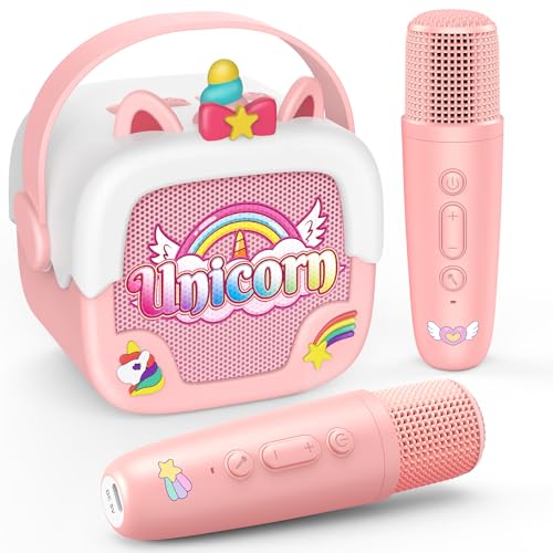 Dislocati Presente para menina, 3-12 anos, microfone karaoke 2 microfones sem fios unicórnios para meninas karaokê infantil brinquedos para menina 3-12 anos Bluetooth 5,3 brinquedo musical com luzes e