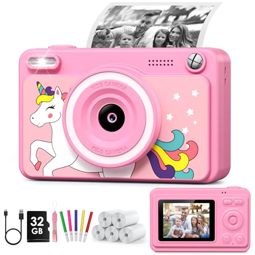 GREENKINDER Câmara fotos infantis instantâneas, HD/1080P câmara instantânea para crianças com cartão de 32 GB e 5 rolos de papel térmico, câmara fotos infantis presentes de brinquedo para crianças de