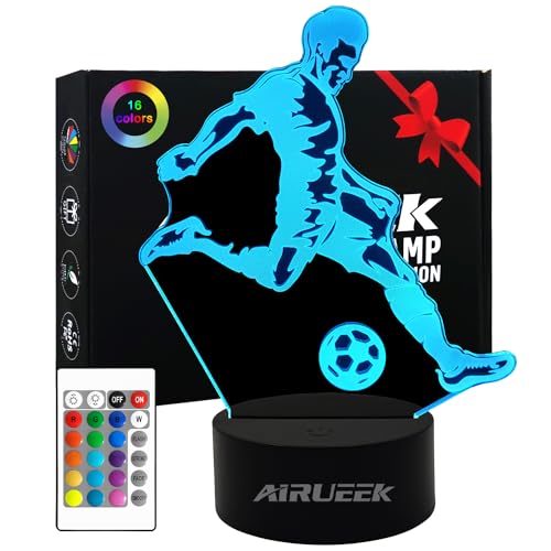 AIRUEEK presentes para meninos futebolistas, luz noturna matraquilhos 3D lâmpada LED com controlo remoto, ideia presentes para o Natal, aniversário, comunhão para crianças, meninas