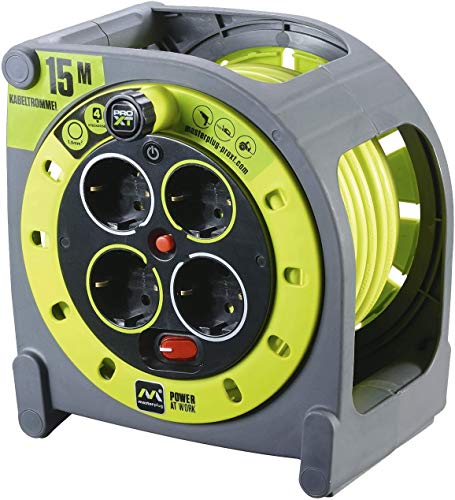 Masterplug Pro-XT Enroladores de bobina de cabo aberto de quatro tomadas com alça de enrolamento, interruptor térmico e interruptor de alimentação, cabo de alta visibilidade de 15 metros