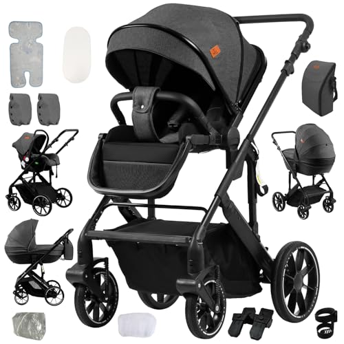 NADDLILY Carrinho de bebé 4 em 1, carrinho de bebé com design portátil dobrável de um clique, carrinho de bebé com 4 peças com empurrão reversível de duas vias, carrinho de bebé com 3 peças com